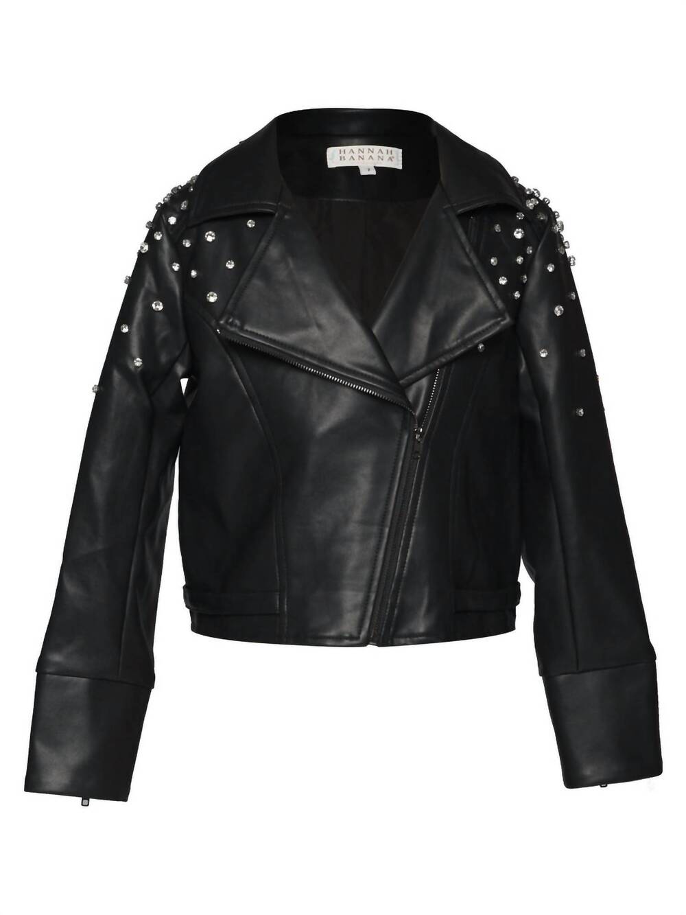 NEW HANNAH BANANA kids vegan leather moto jacket in black/ silver rhinestones